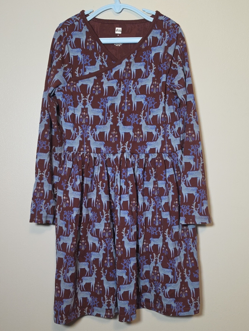 Tea Collection Brown Long-Sleeve Dress with Blue Deer Print